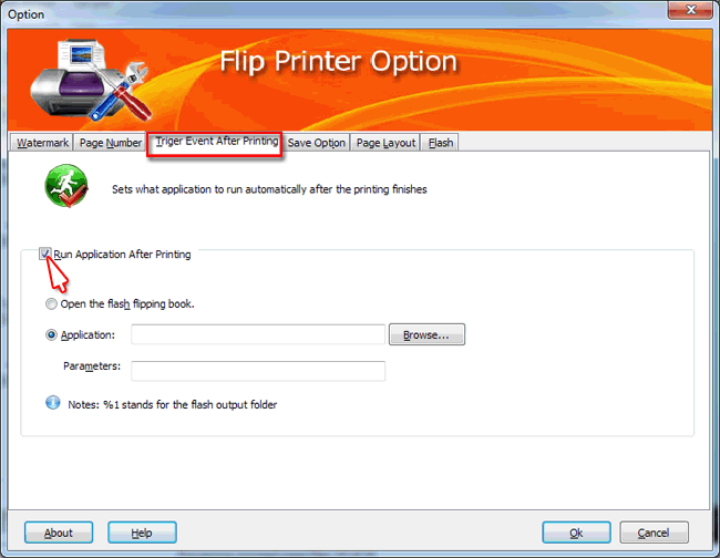 flip printer trigger event setting